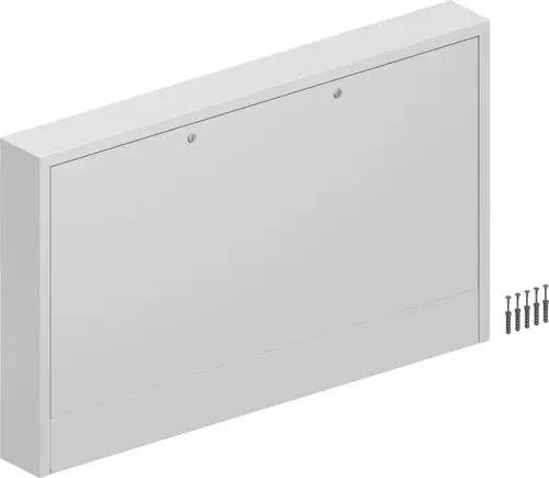 Uponor Verteilerschrank in neutraler Farbe, flache Front mit Montageschrauben, geeignet für die Installation in vernetzten Systemen.